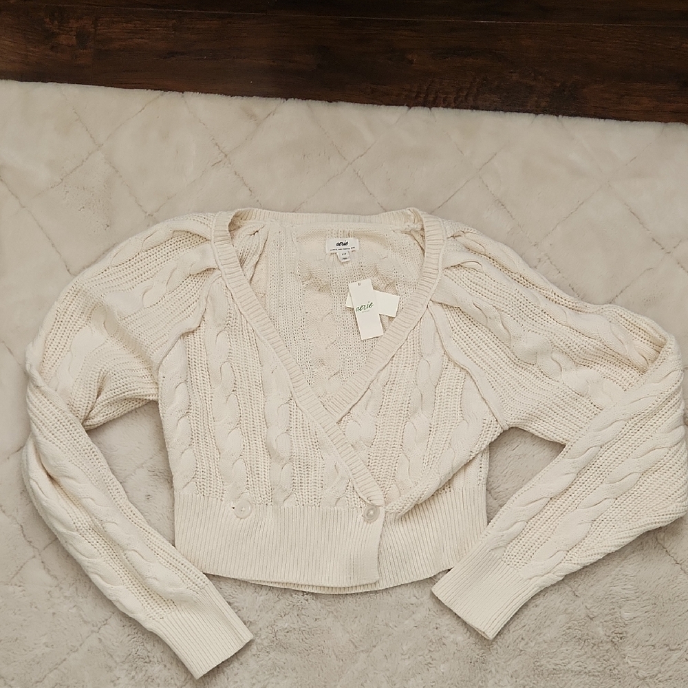 AERIE Cream Cable Wrap Cardigan Sweater